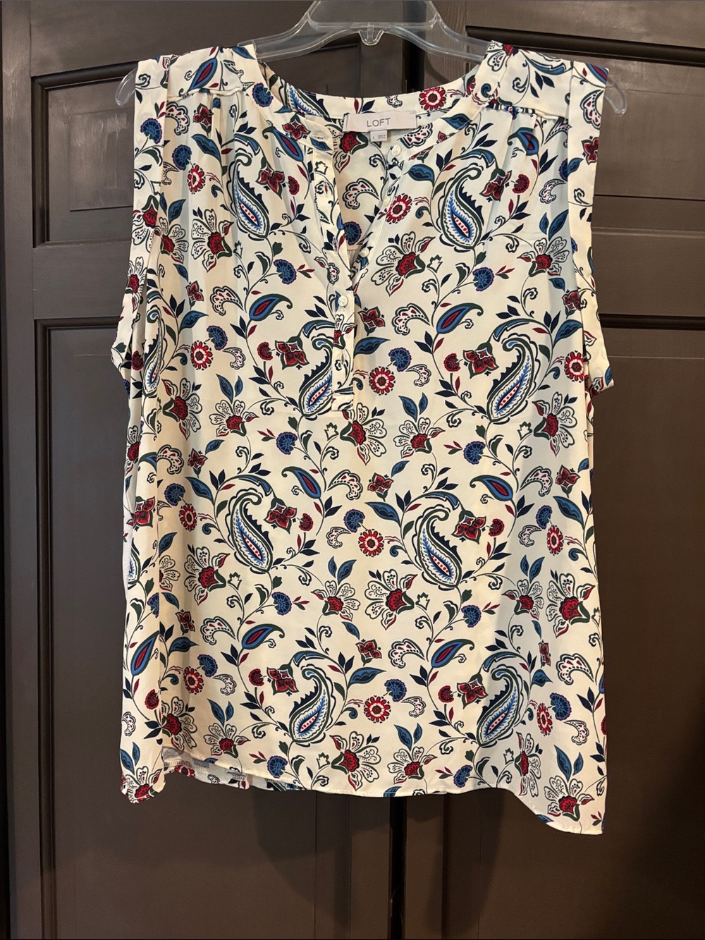 LOFT Paisley Floral Sleeveless Henley Blouse Cream Blue Red Size Large